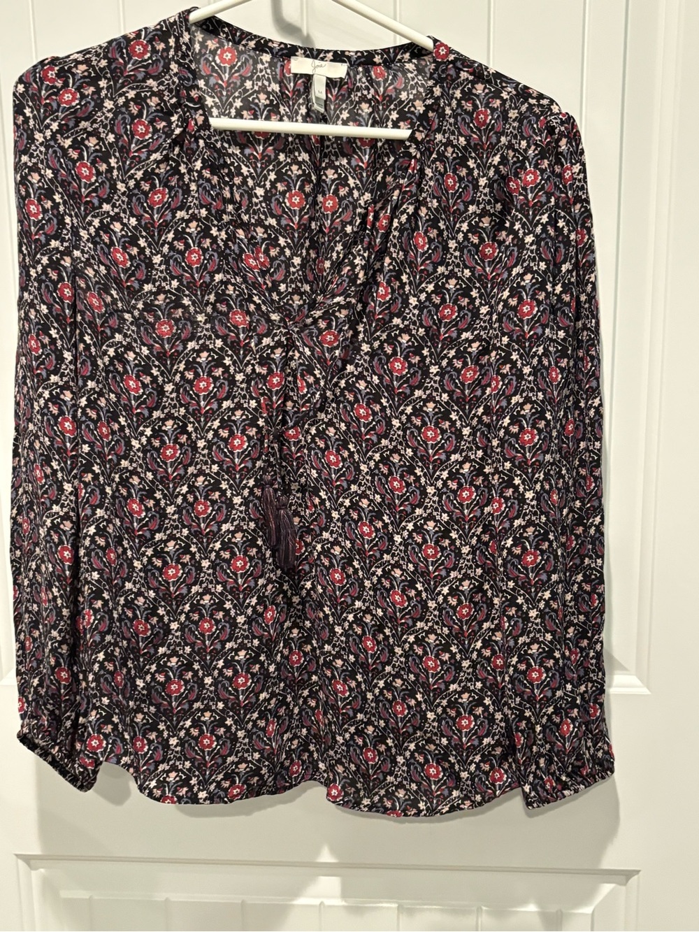 Joie Black Floral V-Neck Blouse with Red Accents